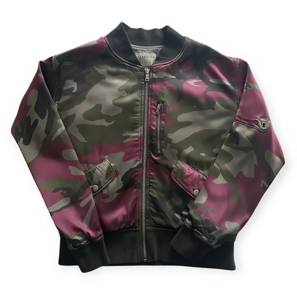 Anthropologie Marrekech Bomber Jacket Satin Camo Plum Green Size XS Womensie